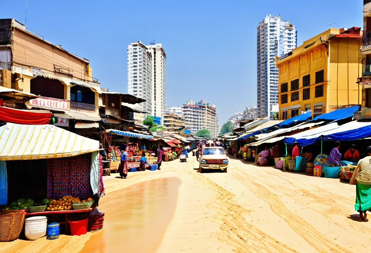 market,noon,City,There is a little bit of sand,road