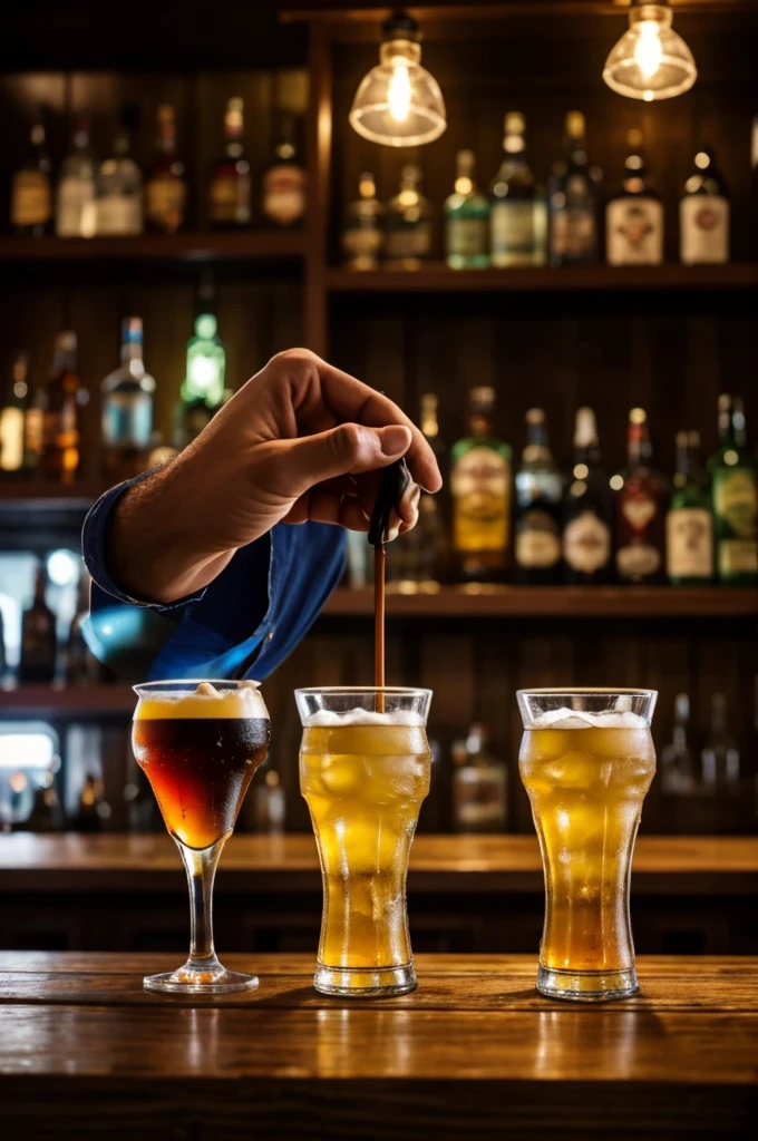 Create an image that shows a bar offering 2 drinks. The first drink is the Hefeweizen. The second drink is the Cuba Libre, In addition to the conventional version, this should also be offered in a version that is not too dark. The so-called Weizen Cubaaaa Bar is said to be in a student bar called KKF. The bar is made of old worn wood. The inventory is also made of wood. There is a lot of smoking in the KKF