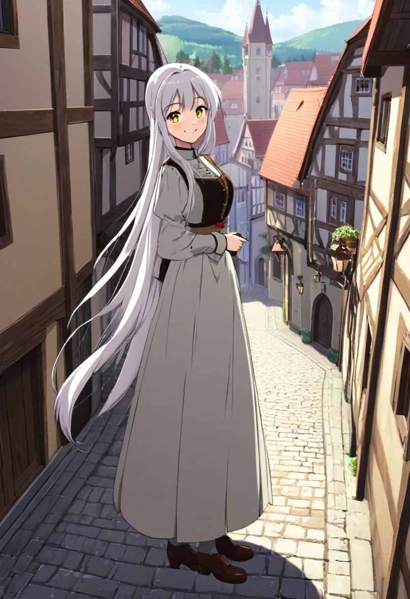1girl,	(anime coloring:1.2),	perfect_anatomy,	best quality,	anime scene,	otherworldly,	downturned eyes,	cool beauty,	beautiful_hair,	straight hair,	white long hair,	slim,	slender,	feminine,	heartwarming smile,	german clothes,	standing,		Old town atmosphere,	Medieval town,	Traditional dress,