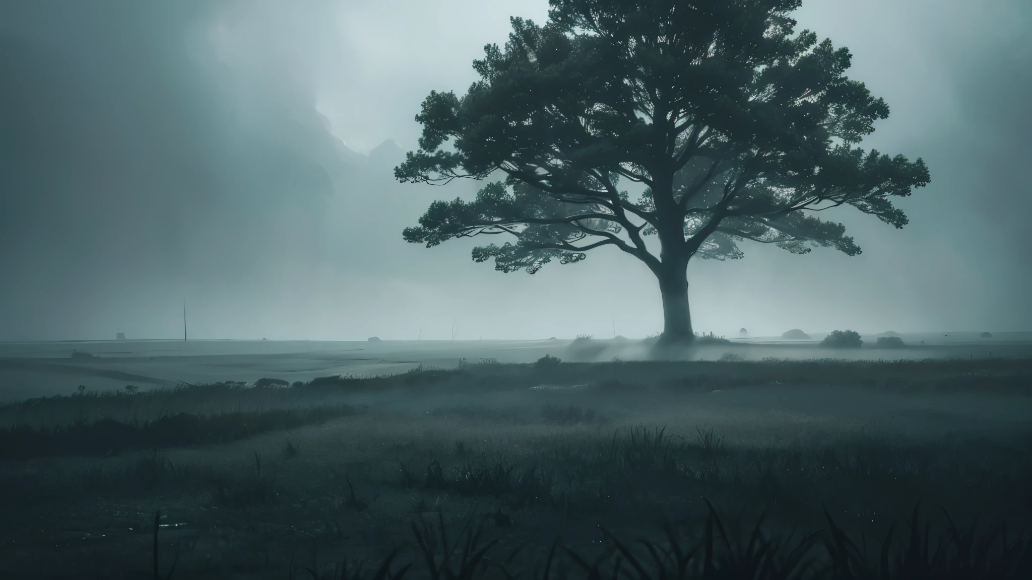 a dark mysterious foggy forest, lone sad tree, tranquil atmosphere, mist, moody lighting, atmospheric, cinematic, dark fantasy, highly detailed, 8k, photorealistic, dramatic lighting, dramatic colors, dramatic shadows, dramatic highlights, depth of field, mystical, otherworldly, surreal, melancholic, gloomy, brooding, atmospheric, cinematic, dark fantasy, intricate details, realistic textures, volumetric lighting, dramatic fog, dramatic clouds, dramatic mist, mysterious, enigmatic, pensive, contemplative, evocative, emotive, ethereal, hauntingly beautiful