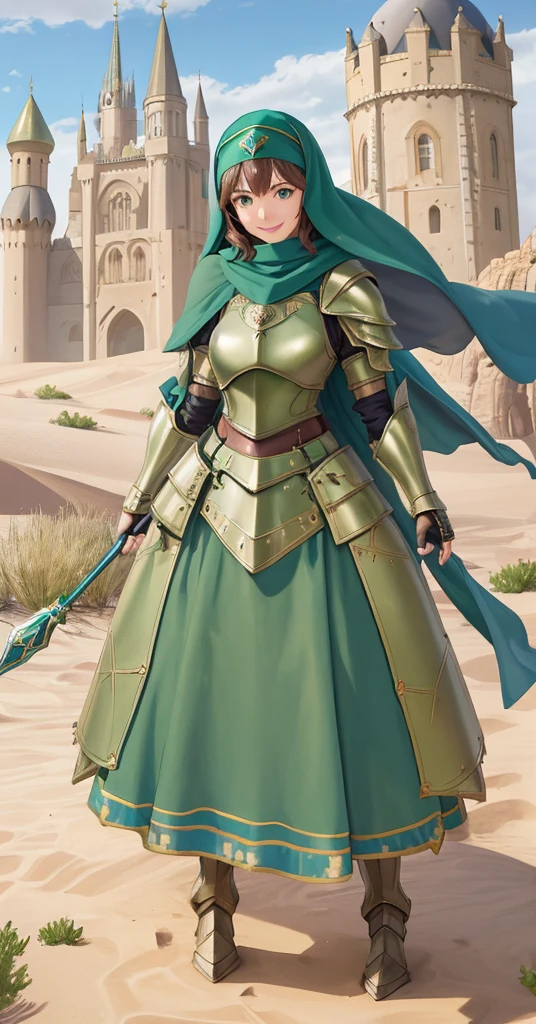 masterpiece, best quality:1.2), 1girl, smile, looking at viewer, green eyes, short brown hair, princess, armor, blue hijab headscarf, pauldrons, armored dress, green cloak cape, wearing puffy blue ballgown skirt, armored boots, fingerless gloves, standing in front of desert castle