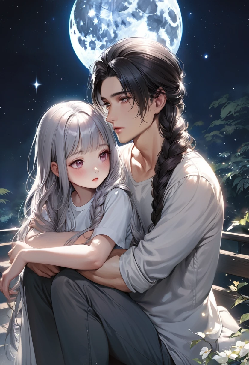 Couple, A beautiful woman with long hair wearing a white shirt, cute anime-style face, realistic anime girl, Chisato, black hair with bangs, Kurumi, cute and delicate face, young cute pale Asian face, Sakimichan, midday moon and stars in the sky, female, braid, The hair is braided, Braids draped over shoulders, Realistic anime boy, A handsome boy in a white shirt, All hair braided into one braid, girl sitting in boy's armsCouple, A beautiful woman with long hair wearing a white shirt, cute anime-style face, realistic anime girl, Chisato, black hair with bangs, Kurumi, cute and delicate face, young cute pale Asian face, Sakimichan, midday moon and stars in the sky, female, braid, The hair is braided, Braids draped over shoulders, Realistic anime boy, A handsome boy in a white shirt, All hair braided into one braid, girl sitting in boy's arms