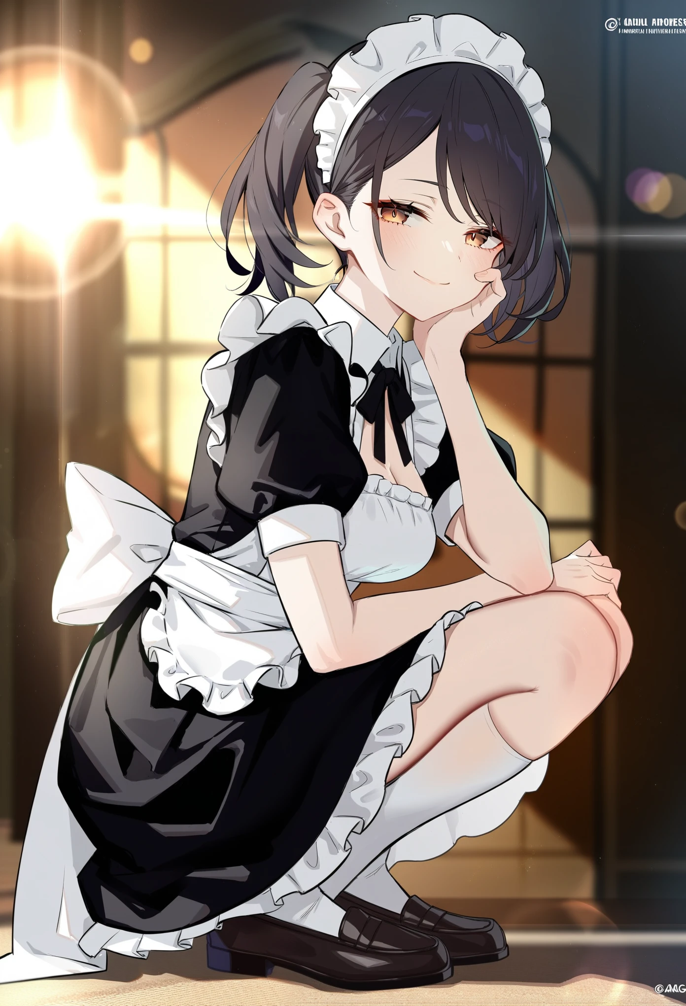 1girl, (by pottsness:1.1), by ciloranko:1.1, (by omone_hokoma_agm:1.1), (by z282g:1.1), (absurdres, official art, masterpiece), (best aesthetic, best quality, ultra detailed, intricate details), [[semi-realistic]], (perfect anatomy, new, newest, glossy hair, moist skin, 18 years old, adult woman, medium breasts, detailed background, bokeh background, depth perception, indoors, solo, subject focus, professional art), hair behind ear, medium breasts, from side, full body, kneeling, squatting, looking at viewer, hand on own face, twintails, wavy hair, black hair, medium length, maid, white head dress, black loafers, smug smile, closed mouth, brown eyes, content expression, half-lidded eyes, mature_female, lustful body, half-closed eyes, adoring gaze, light particles, solar flare, depth perception, alternate costume, white apron, frilled apron, puffy short sleeves, short sleeves, black dress, maid outfit