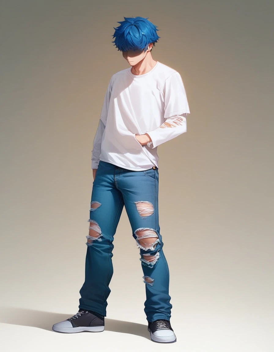 lookalike, solo, short hair, shirt, long sleeves, 1boy, hat, blue hair, standing, full body, white shirt, male focus, shoes, pants, torn clothes, denim, shaded face, t-shirt, jeans, layered sleeves, short over long sleeves, torn pants