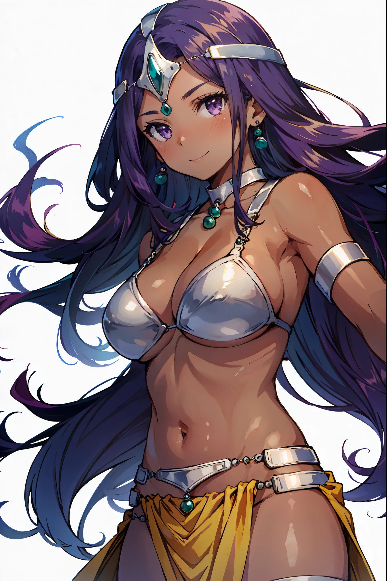 1girl, solo, dqManya, white background, cowboy shot, purple hair, bikini, loincloth, large breasts, cleavage, soft stomach, circlet, earrings, choker, bracelet, armlet, closed mouth, smile, blush