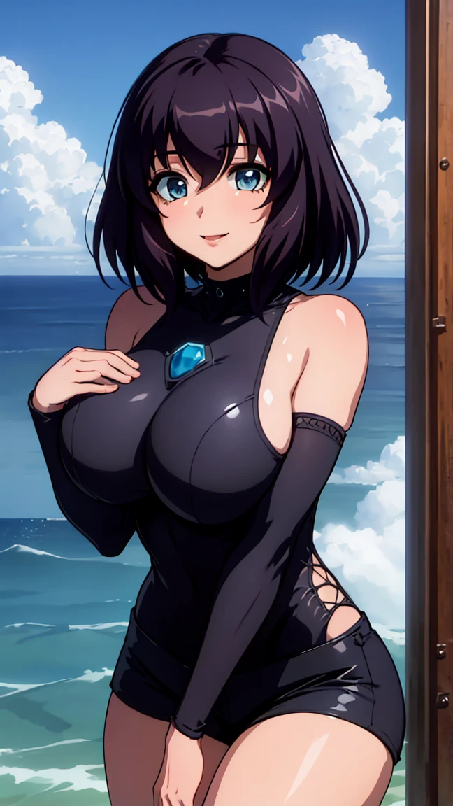 henrietta,,The Familiar of Zero,_yeld_gipurple_hair,blue_eyes,large breasts, huge breasts, 
BREAK (black bodysuit, detached sleeves, bare shoulders, shorts, skin tight:1.2), BREAK fishnet, ocean, partially submerged, happy, looking at you, closed mouth, blue sky,
BREAK (masterpiece:1.2), best quality, high resolution, unity 8k wallpaper, (illustration:0.8), (beautiful detailed eyes:1.6), extremely detailed face, perfect lighting, extremely detailed CG, (perfect hands, perfect anatomy),