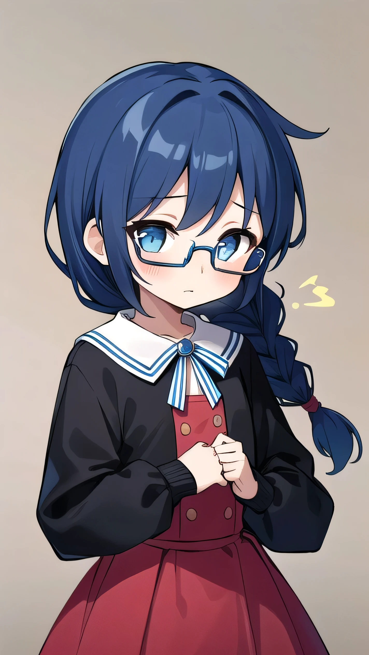 short, 12 years old, blue hair, single braid, blue eyes, round eyes, shy, shy, , short, young face, short height, , glasses with no edges,flat chest,1girl,long hair,Long sleeves, cute clothes, fancy clothes, long skirts,