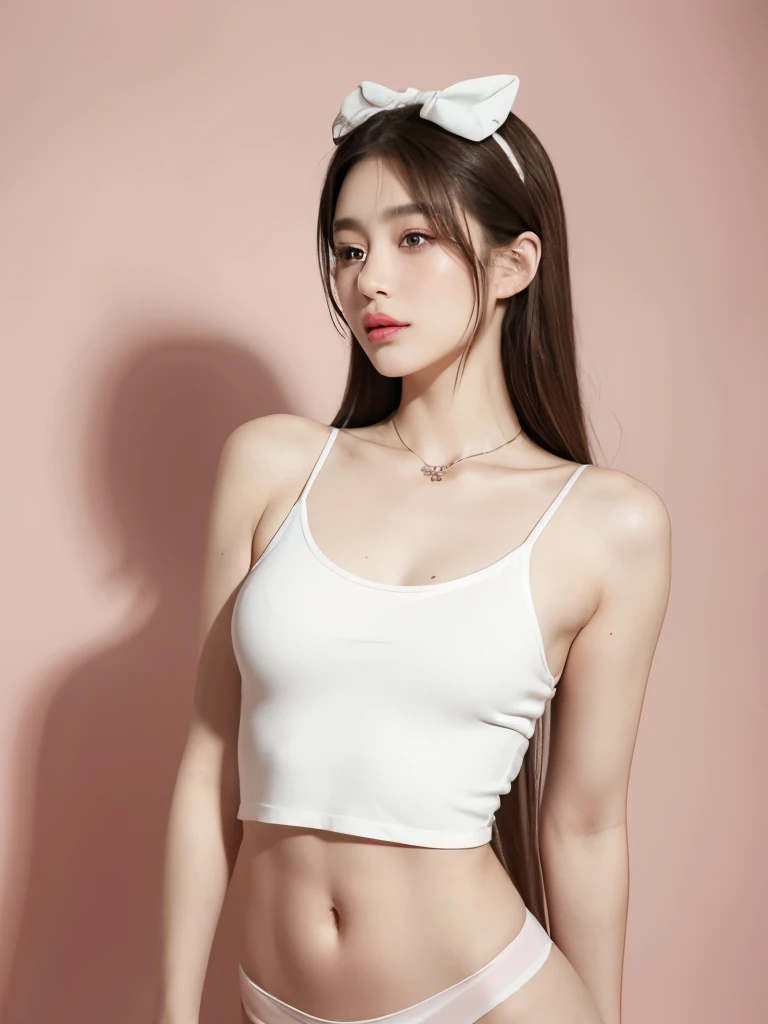 Kim Jennie with white brown hair, with curlers at the ends, with two bows on each side of the hair, all her white hair brown, with a star clip in her white brown hair, light colored eyes, Beautiful eyes, crying eyes, Beautiful, splash nose, watery nose, Beautifuls labios, pink lips, heart and cupid shaped lip, Beautiful skin, pale, White skin, with moles and freckles all over his face, soft pink blush on cheeks, natural pink blush, soft pink makeup, Jennie, Nice neck, marked collar, frown, tender look, with a kiss necklace, a Beautiful kiss necklace, similar a Yumeko Jabami, while wearing a short pole with the top raised, while the pole is raised, with short shorts, while having a bare abdomen, showing off her navel and her slender waist, Delgado, marked and Beautiful, (big breasts, soft breasts, Beautifuls pechos), while she cosplays the character Yumeko Jabami, The anime Kakegurui., looking to the camera