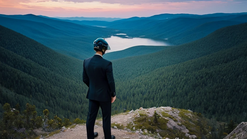 A Luxury Sales Suit man wearing a black rider full-face helmet overlooking wilderness,full body,standard rider black full face helmet,back view of the man, background is a wilderness,a man overlooking wilderness,a man overlooking wilderness,a man overlooking wilderness,a man overlooking wilderness,a man overlooking wilderness,full body,full body,full body,full body,with black rider full-face helmet,with black rider full-face helmet,with black rider full-face helmet,wearing black rider full-face helmet,wearing black full-face helmet,wearing black full-face helmet,overlooking wilderness,overlooking wilderness,Back view,Back view,Back view,Back view,Draw people small,Draw people small,Spectacular views,Spectacular views,Spectacular views,lonely man,lonely man,a black full-face helmet,a black full-face,A Luxury Sales Suit man,with Luxury Sales Suit