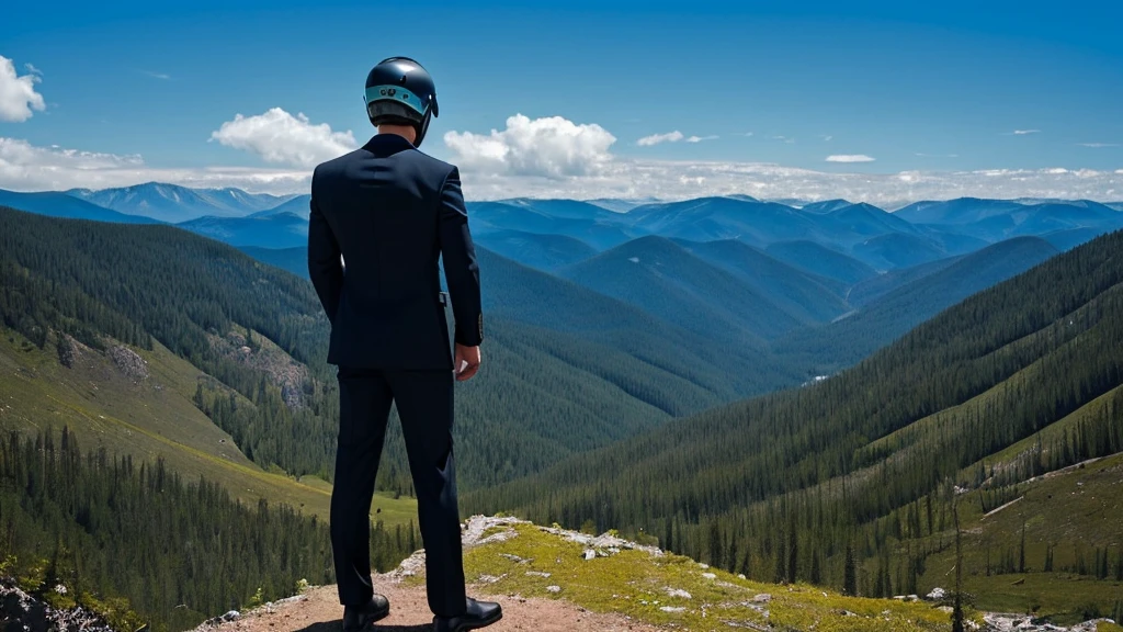 A Luxury Sales Suit man wearing a black rider full-face helmet overlooking wilderness,full body,standard rider black full face helmet,back view of the man, background is a wilderness,a man overlooking wilderness,a man overlooking wilderness,a man overlooking wilderness,a man overlooking wilderness,a man overlooking wilderness,full body,full body,full body,full body,with black rider full-face helmet,with black rider full-face helmet,with black rider full-face helmet,wearing black rider full-face helmet,wearing black full-face helmet,wearing black full-face helmet,overlooking wilderness,overlooking wilderness,Back view,Back view,Back view,Back view,Draw people small,Draw people small,Spectacular views,Spectacular views,Spectacular views,lonely man,lonely man,a black full-face helmet,a black full-face,A Luxury Sales Suit man,with Luxury Sales Suit