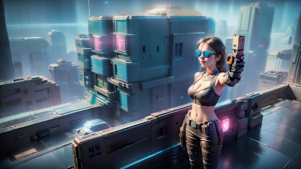 A futuristic sci-fi virtual battle field of war game, shooting range with moving targets, flying vehicle, neon waterfalls. High-resolution OLED GUI interfaces in the building, The windows are filled with transparent data visualization infographics that show it all, from weather patterns to traffic flow, Matrix cascading code. Colors are saturated and vibrant. At night, (1girl, solo), photo realistic, medium-breast:1.3 slim body, cleavage, sling top, miniskirt, (mini VR sunglasses, holding a short gun), half-body thigh level medium shot, cinematic lighting, ray tracing.