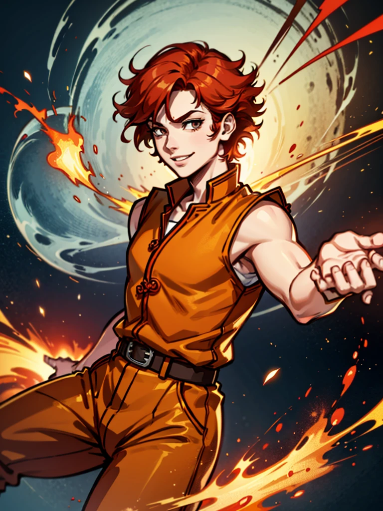 A young man，Red hair，flame，Cheerful，Sunlight，Orange clothes，brave，Fire Element，confidence，Standing，Ultra HD，Handsome，Mage