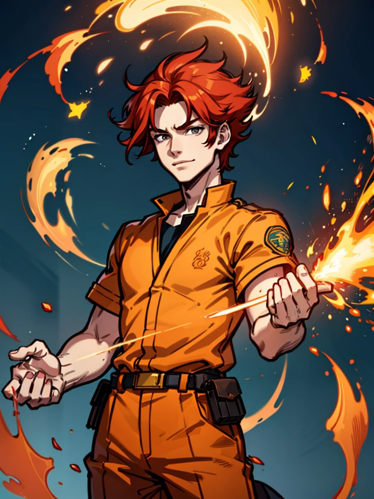 A young man，Red hair，flame，Cheerful，Sunlight，Orange clothes，brave，Fire Element，confidence，Standing，Ultra HD，Handsome，Mage