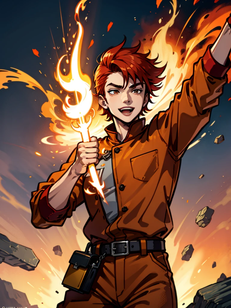 A young man，Red hair，flame，Cheerful，Sunlight，Orange clothes，brave，Fire Element，confidence，Standing，Ultra HD，Handsome，Mage