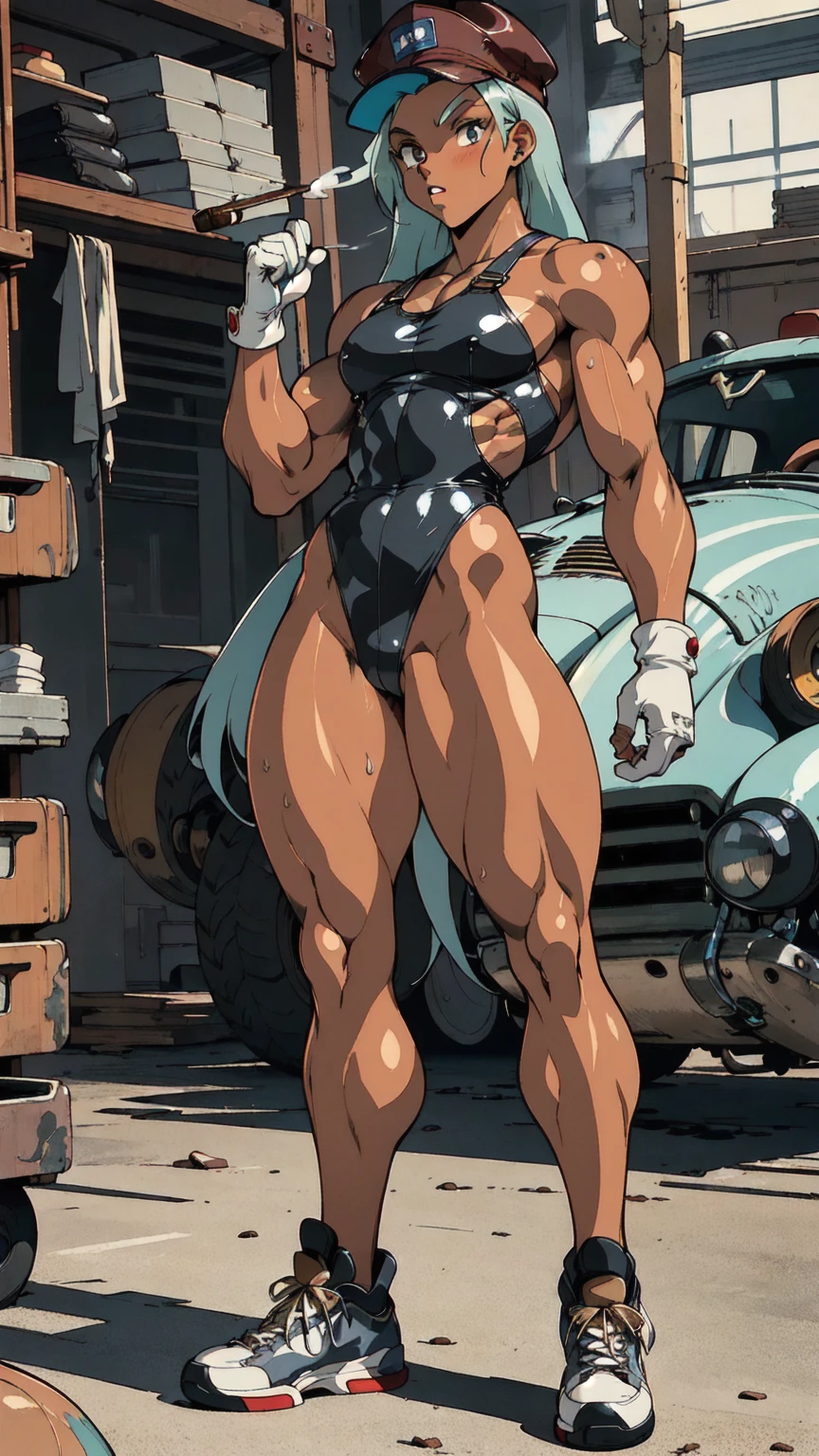 (((sexy athletic body))), {{{(((young woman)))}}}, {{{(((19-year-old)))}}}, ((tomboy)), (((mechanic))), (((white girl))), ((( (punk rock) girl))), (((no-nonsense))), (((businesslike))), (((stern))), (((wearing a (revealing sexy mechanic outfit) ))), (gray eyes), (freckles), (( (long) (silky) (flowing) (green hair) )), (((body covered with colorful (tattoos) ))), ((( (glossy) (smooth) (((tan skin))) ))), (small breasts), toned abs, {{{(((strong leg muscles)))}}}, toned biceps, toned forearms, toned deltoids, toned triceps, toned erector spinae, toned rhomboids, toned hamstring muscles, firm muscular glutes ,{{{(((strong back muscles)))}}}, (((thick muscular trapezius))), (((big muscular latissimus))), toned quadriceps, toned gastrocnemius, toned soleus, amazing ass, (((smoking a big cigar))), (((senual))), (((slutty))), (((tight leotard))), ((tight overalls)), (((leather gloves))), (((mechanic hat))), (((sneakers))), (sweating), (sweaty), (smoke), {{{(((in an old auto repair shop)))}}}, (broken down cars), (rusty cars), {{{(((1930s)))}}}, {{{(((streamline moderne)))}}}{{{(((great anatomy)))}}}, {{{(((well-toned muscles)))}}}, {{{(((well-trained muscles)))}}}, {{{(((best quality)))}}}, {{{(((masterpiece)))}}}, {{{(((pin-up)))}}}, {{{(((90s anime)))}}}