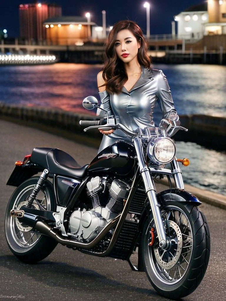 1girl, 25 years old, Solo, (Aesthetic artwork), light grey eyes, big mouth, full lips, very pale skin, (large breasts:1.2), (slim hips, slim waist, slim legs: 1. 1), detailed skin, (next to a classic motorbike:1. 3) designed in 1950, looking at the camera, open leather bodysuit, (black military plate cap:1.6), on a Las Vegas street, blonde hair, curly hair, (at night), blonde hair, curly hair, hair above shoulders, long hair, wavy hair, wide eyes, ringed eyes, long eyelashes, seductive smile, soft lighting, (front view: 1. 3), (great detail), (hyper-realism), (masterpiece), anatomically correct), (textured skin: 1. 3), (best quality), (8k), (best quality), (8k)