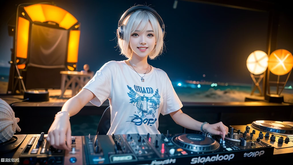 (ultra - detailed, 16K resolution, Cinema lenses, rendering by octane), (high resolution:1.18), intricate detail, (masterpiece:1.1), (highest quality:1.1), (1girl, portrait, white hair, blue eyes, short hair, detailed eyes),Wearing silver DJ headphones, sequined T-shirt, (in the beach:1.5), (Iconic hip-hop pop costumes:1.3), Smile while DJing on stage, DJ studio next to the beach, ((A stylish DJ stage on a hill overlooking the beach)), full body shot, Photorealistic photography by Sunshine, (cute round face:1.3), perfect fingers, five fingers, beautiful hands, perfect hands. master peace, cute smile.
