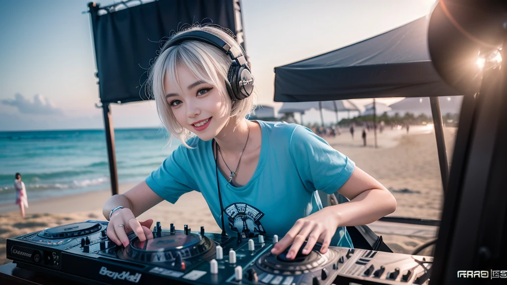 (ultra - detailed, 16K resolution, Cinema lenses, rendering by octane), (high resolution:1.18), intricate detail, (masterpiece:1.1), (highest quality:1.1), (1girl, portrait, white hair, blue eyes, short hair, detailed eyes),Wearing silver DJ headphones, sequined T-shirt, (in the beach:1.5), (Iconic hip-hop pop costumes:1.3), Smile while DJing on stage, DJ studio next to the beach, ((A stylish DJ stage on a hill overlooking the beach)), full body shot, Photorealistic photography by Sunshine, (cute round face:1.3), perfect fingers, five fingers, beautiful hands, perfect hands. master peace, cute smile.