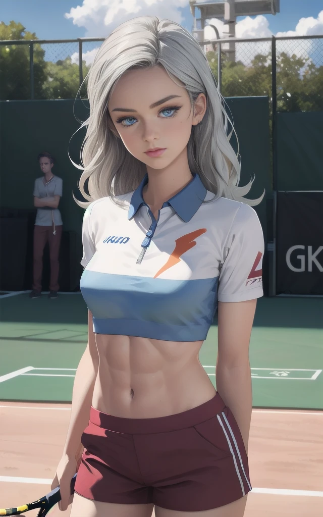 (best quality, masterpiece:1.4), Swedish college girl, tennis outfit, tight, pink shorts, white polo shirt, medium hair, ((slim, petite)), beautiful and mature, silver hair, sky blue eyes, photorealistic, photo, closed mouth, abs, toned, realistic, realism, photorealism, Kahili, AmberHeard, eye focus, high contrast, photorealistic digital art trending on Artstation 8k HD high definition detailed realistic, detailed, skin texture, hyper-detailed, realistic skin texture, armature, (photorealistic:1.4), ultra high resolution, detailed, raw photo, sharp image, perky breasts, upturned breasts