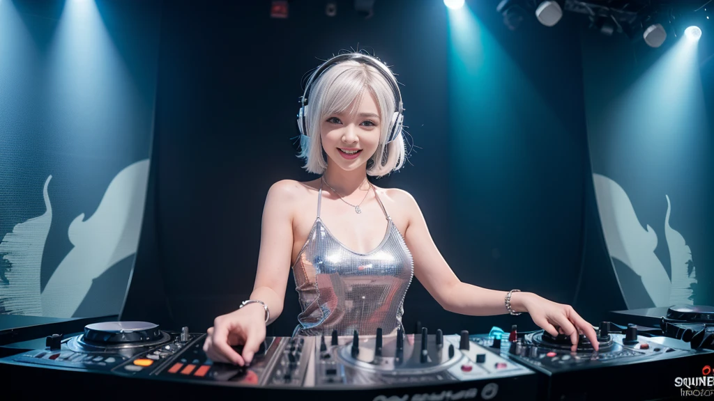 (ultra - detailed, 16K resolution, Cinema lenses, rendering by octane), (high resolution:1.18), intricate detail, (masterpiece:1.1), (highest quality:1.1), (1girl, portrait, white hair, blue eyes, short hair, detailed eyes),Wearing silver DJ headphones, sequined T-shirt, (in the beach:1.5), (Iconic hip-hop pop costumes:1.3), Smile while DJing on stage, DJ studio next to the beach, ((A stylish DJ stage on a hill overlooking the beach)), full body shot, Photorealistic photography by Sunshine, (cute round face:1.3), perfect fingers, five fingers, beautiful hands, perfect hands. master peace, cute smile.