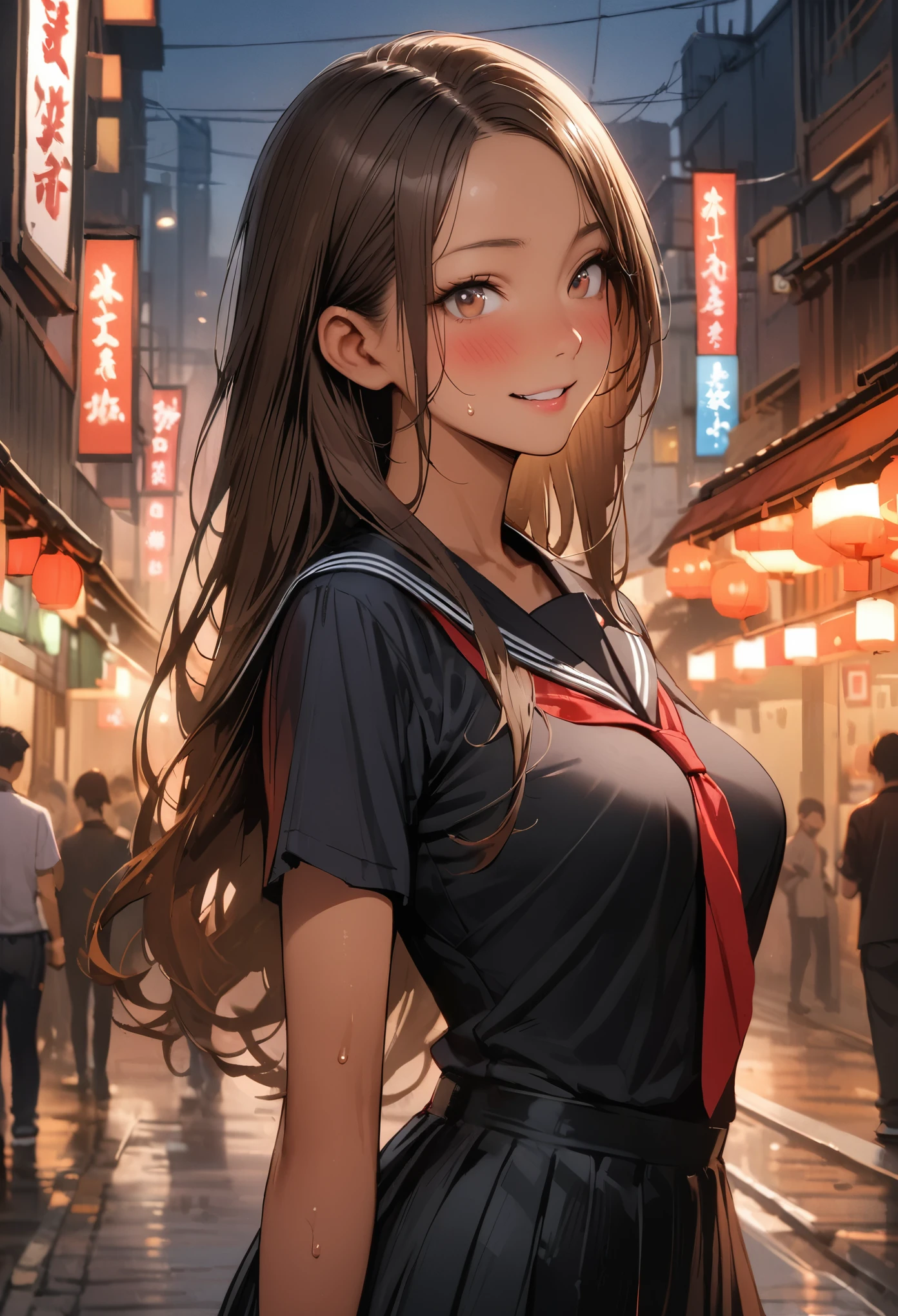 ((masterpiece,Highest quality:1.3,best quality illustration,realistic)),cowboy shot,独奏,1woman,(Mature Japan beauties)、brown hair,long hair,center parted bangs,brown eyes,gorgeous eyes,((very small head:1.3)),blush,smile,((very long body:1.2,skinny)),medium breasts,(tan skin:1.4), (gleaming skin,toned body,slender body),sweat,、Black sailor suit、Short sleeve、Black pleated mini skirt、on street,Tokyo、