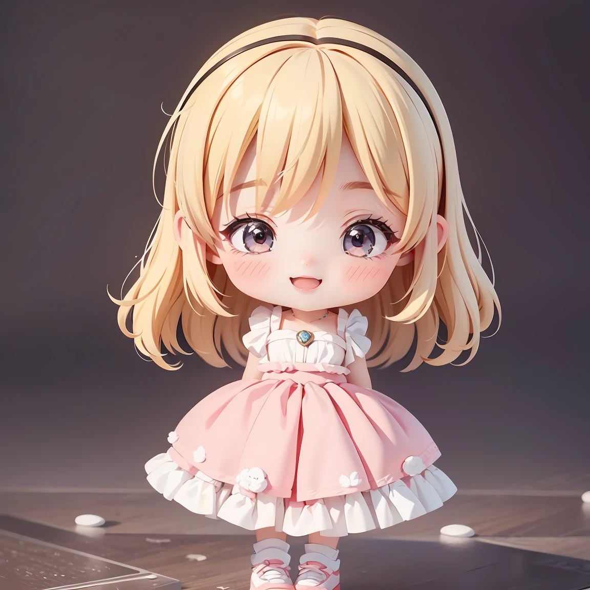 Super Chibi Character:1.8、Wearing cute shoes、background:simple、Blonde Hair、Cute 7 year old girl、Cinderella Dresses、smile:1.8、With both eyes closed、口元はsmile