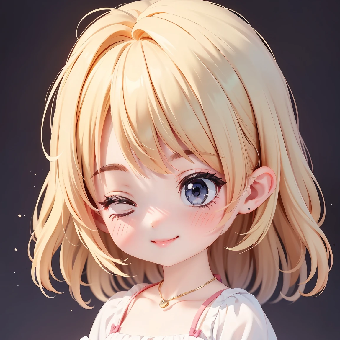 Super Chibi Character:1.8、Wearing cute shoes、background:simple、Blonde Hair、Cute 7 year old girl、Cinderella Dresses、smile:1.8、With both eyes closed、口元はsmile