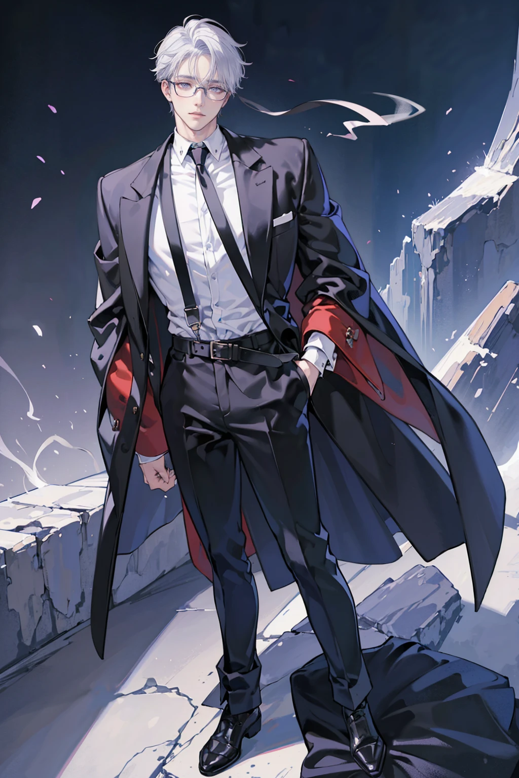 (masterpiece), best quality, seductive eyes, mature face, handsome man, purple eyes, mid length white hair, full bangs covering his forehead, white shirt, black pants, black coat, broad shoulders, anime cover, 1boy, masculine, glasses, hirotaka nifuji, smoking, full body, long legs, tall, standing

