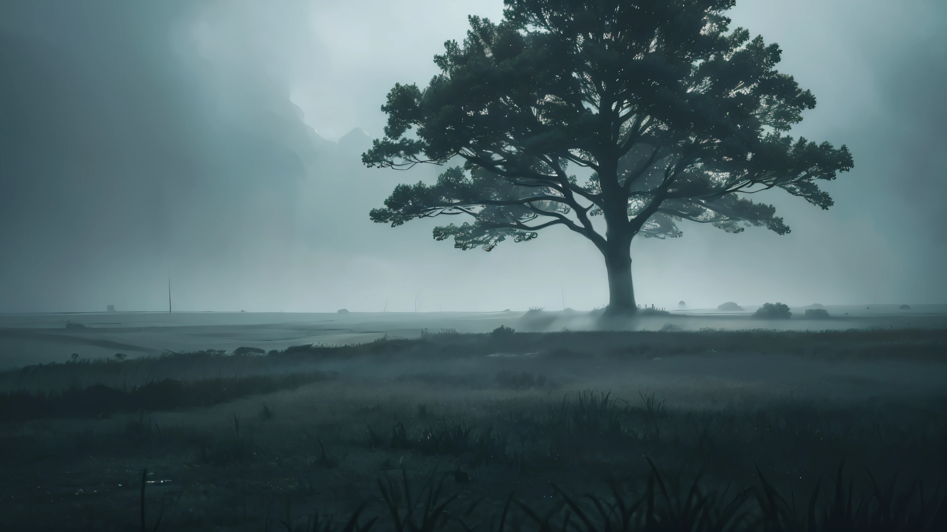 a dark mysterious foggy forest, lone sad tree, tranquil atmosphere, mist, moody lighting, atmospheric, cinematic, dark fantasy, highly detailed, 8k, photorealistic, dramatic lighting, dramatic colors, dramatic shadows, dramatic highlights, depth of field, mystical, otherworldly, surreal, melancholic, gloomy, brooding, atmospheric, cinematic, dark fantasy, intricate details, realistic textures, volumetric lighting, dramatic fog, dramatic clouds, dramatic mist, mysterious, enigmatic, pensive, contemplative, evocative, emotive, ethereal, hauntingly beautiful