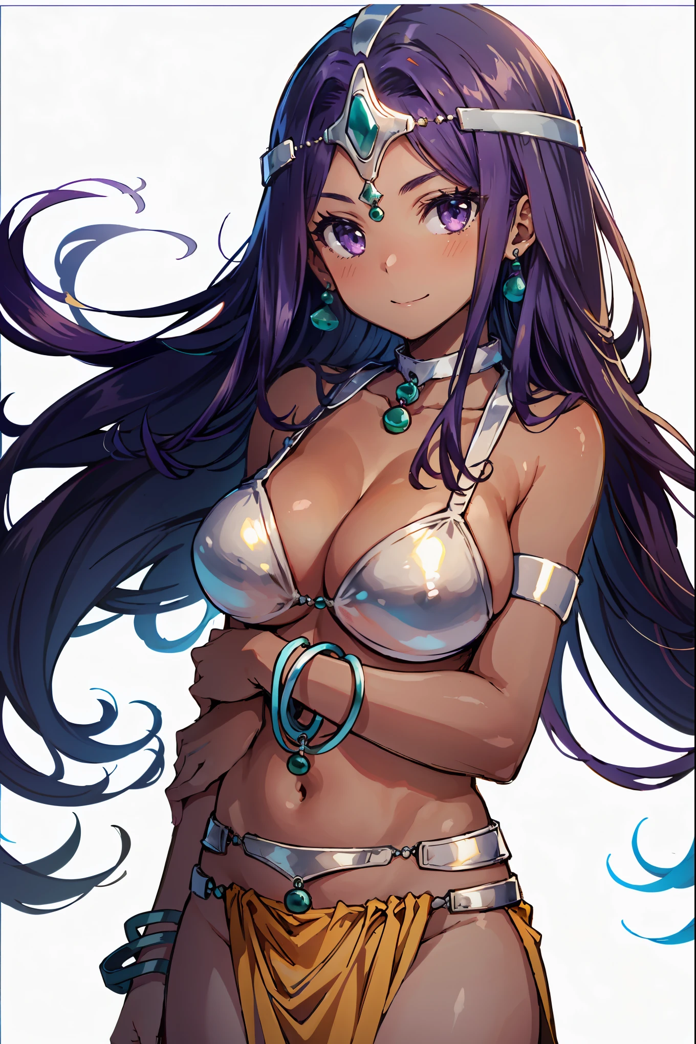 1girl, solo, dqManya, white background, cowboy shot, purple hair, bikini, loincloth, large breasts, cleavage, soft stomach, circlet, earrings, choker, bracelet, armlet, closed mouth, smile, blush