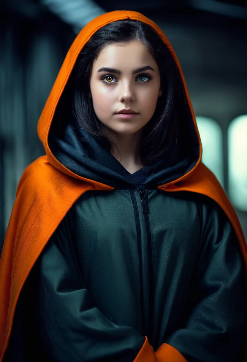 A -yeld Casian girl with long black hair, wearing a military uniform, an orange cloak, with large brown eyes, in a sci-fi setting, with a dark mood, (best quality,4k,8k,highres,masterpiece:1.2),ultra-detailed,(realistic,photorealistic,photo-realistic:1.37),HDR,UHD,studio lighting,ultra-fine painting,sharp focus,physically-based rendering,extreme detail description,professional,vivid colors,bokeh,portraits,horror,sci-fi,dramatic lighting,cinematic,moody,dramatic,chiaroscuro,dark color palette