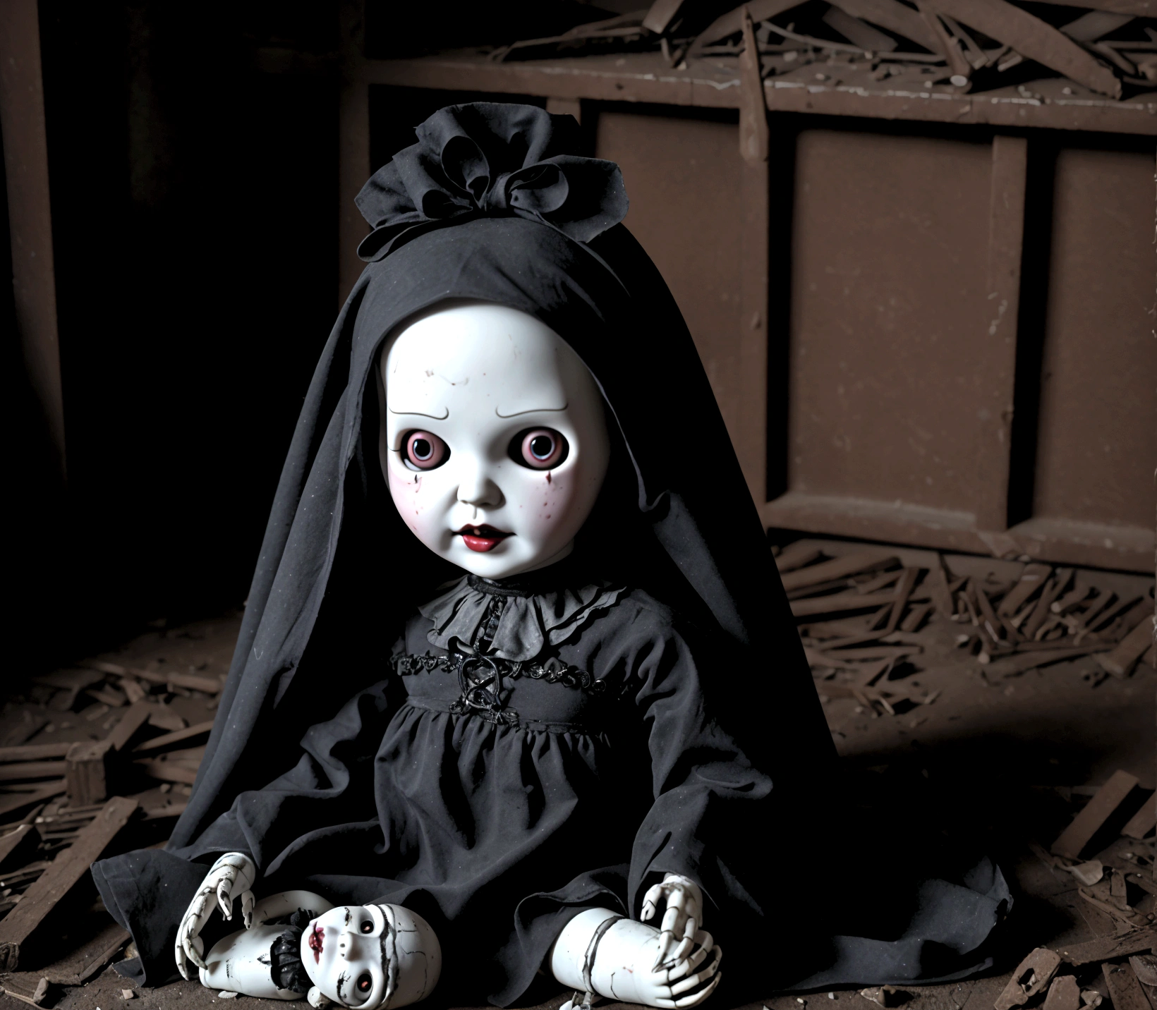 AN OLD AND FACELESS CURSED ANA BEAUTY CHILDREN'S STYLE DOLL, CURSED GOTHIC IMAGE DEMONIC IMAGE IN AN ABANDONED LABRATORY WITH BLACK CANDLES LIT ON THE FLOOR AT NIGHT, THE DOLL HAS A DEMONIC FEATURE AND WITHOUT A FACE