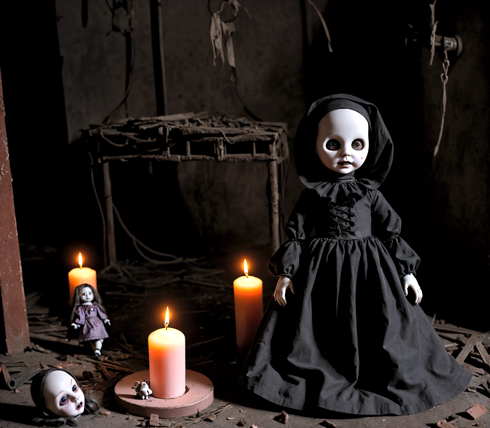 AN OLD AND FACELESS CURSED ANA BEAUTY CHILDREN'S STYLE DOLL, CURSED GOTHIC IMAGE DEMONIC IMAGE IN AN ABANDONED LABRATORY WITH BLACK CANDLES LIT ON THE FLOOR AT NIGHT, THE DOLL HAS A DEMONIC FEATURE AND WITHOUT A FACE