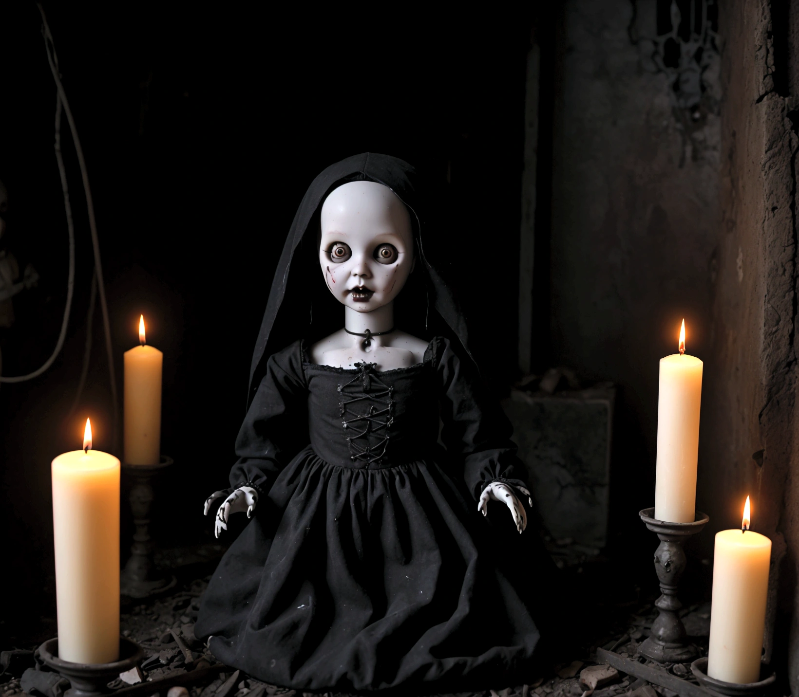 AN OLD AND FACELESS CURSED ANA BEAUTY CHILDREN'S STYLE DOLL, CURSED GOTHIC IMAGE DEMONIC IMAGE IN AN ABANDONED LABRATORY WITH BLACK CANDLES LIT ON THE FLOOR AT NIGHT, THE DOLL HAS A DEMONIC FEATURE AND WITHOUT A FACE