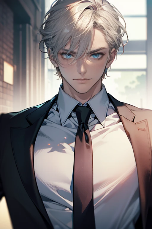 (tmasterpiece, high resolution, ultra - detailed:1.0), (1 male, masculine face, 31 years, CEO), Perfect male body, tall and strong, Adult male, Delicate eyes and delicate face, Extremely detailed CG, Unity 8k wallpaper, Complicated details, Detailed face, (short gray golden hair, short  hair, smile in love faces, blue eyes, white shirts,), (frown, smile in love:1.3), stad in corporativo, empresa, escritório style, color difference, Depth of field, dramatic shadow, Ray tracing, Best quality, Cinematic lighting, offcial art,Portrait