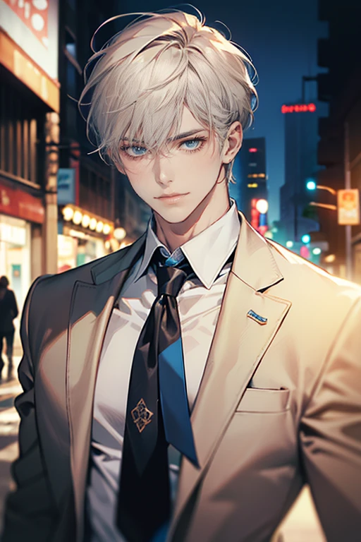 (tmasterpiece, high resolution, ultra - detailed:1.0), (1 male, masculine face, 31 years, CEO), Perfect male body, tall and strong, Adult male, Delicate eyes and delicate face, Extremely detailed CG, Unity 8k wallpaper, Complicated details, Detailed face, (short gray golden hair, short hair, smile in love faces, blue eyes, white shirts,), (frown, smile in love:1.3), stad in corporativo, empresa, escritório style, color difference, Depth of field, dramatic shadow, Ray tracing, Best quality, Cinematic lighting, offcial art,Portrait