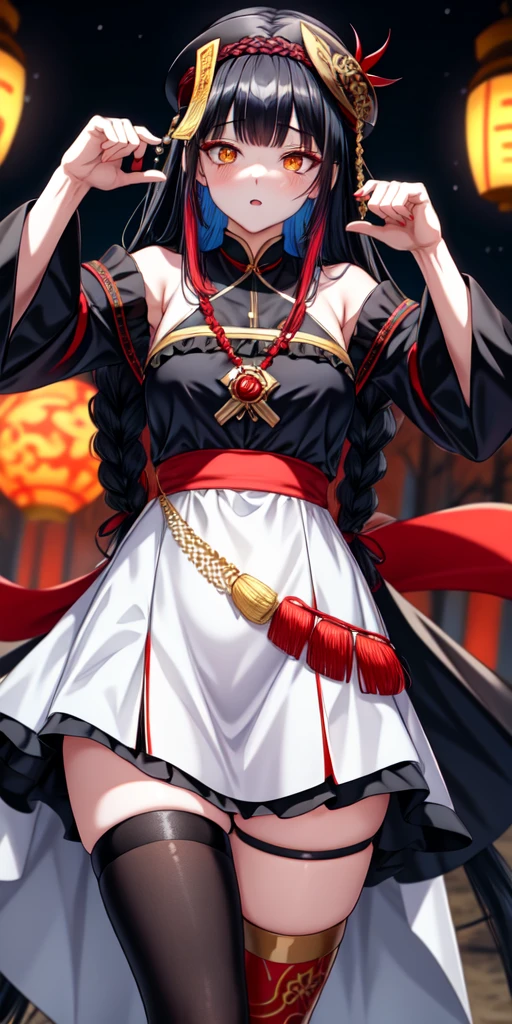 lora:flat:-1.2, masterpiece, best quality, 4k, 8k, 1 woman, solo, tall stature, long hair, blunt bangs, side braid, black hair, ugly face, bad face, bad eyes, droopy eyes, unclear eyes, ruby red eyes, lemon yellow eyes, pale skin, black eyeliner, black eye shadow, heterochromia, slender frame, sad, ofuda, jiangshi costume:1.2, fang, horror, coffin, forest, dark night, stormy weather, fog, from front, cowboy shot, look at viewer, paw pose,