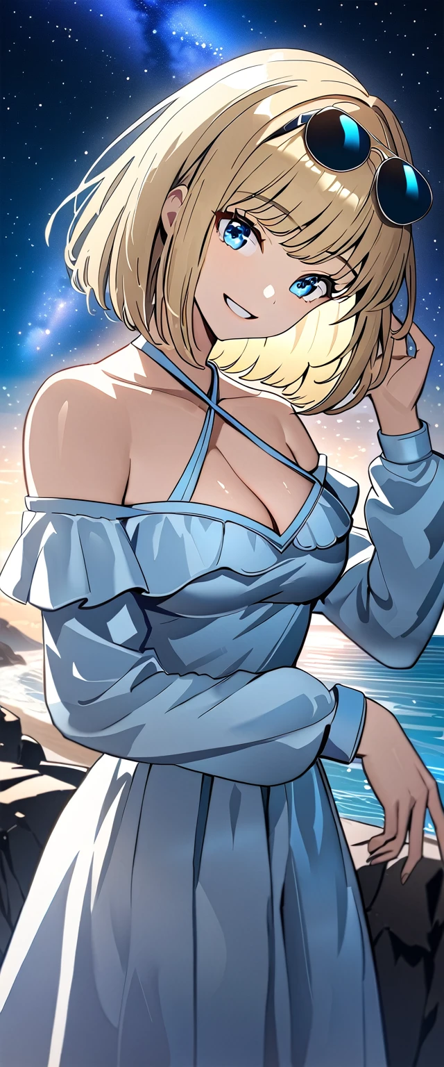 ((grin)), ((plunging neckline dress:1.3)), ((sundress)), ((off shoulders, Quite thick shoulder straps)), ((blond hair, bob cut:1.3)), ((sunglasses, hand to sunglasses)), (((from side))), ((((upper body)))), bare legs, (((A night sky stretching under a full moon, stars shining and reflecting on the sea surface))), ((sitting on the very high cliff)), wavy hair, inward curled hair, ((sea, nature)), breasts, ager, (looking at viewer), puffy long sleeves, collarbone, head tilt:1.3, (((blue eyes))), happy smile, (((anime style))), (best quality, 4K, 8K, highres, masterpiece:1.2, ultra-detailed, ultra-detailed eyes, HDR, uhd, studio lighting, ultra-fine painting, sharp focus, physically-based rendering, extreme detail description, professional, vivid colors, bokeh)