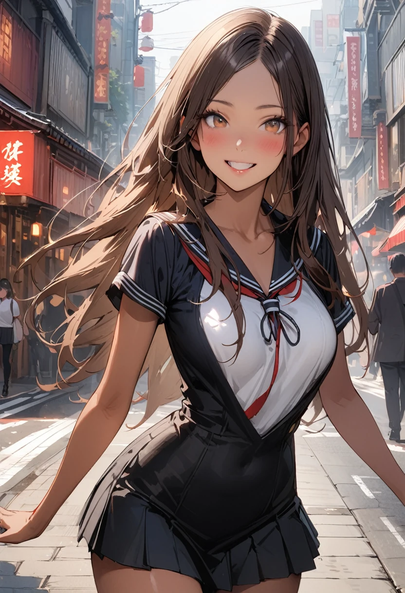 ((masterpiece,Highest quality:1.3,best quality illustration)),(realistic,cowboy shot,独奏,1woman,(18-year-old、Japanese Beauty)、brown hair,long hair,bangs,brown eyes,gorgeous eyes,(very small head:1.3),smile,(very long body:1.2,skinny),medium breasts,(Red ribbon tie、White long sleeve collared shirt、Navy blue pleated mini skirt),gleaming skin,toned body,slender body,standing,on street,neon、World of Blade Runner、