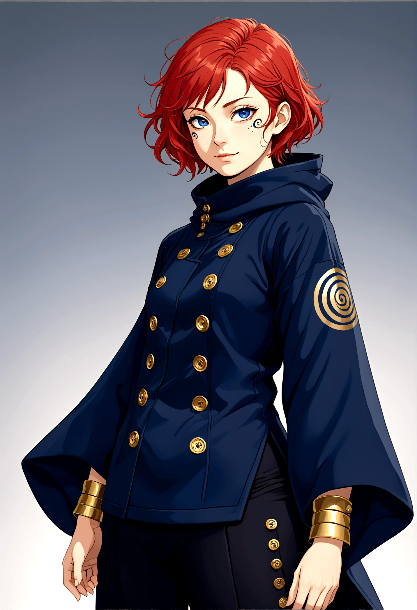 short red hair not too far below the shoulder but not too far above the shoulder, wavy hair, a dark blue jujutsu outfit with gold buttons, a dark blue hood, the sleeves of the clothing at the hem were wide and long but did not go past the hand and the bottom hem of the clothing was mid-thigh, and was divided by the buttons, wore a well-glued black legging, a not-so-high dark blue ankle boot, completely white eyes without iris or pupil, I wasn't a human despite my appearance but I was a curse just like sukuna, I had tattoo marks all over my left arm in black and she has an emotionless look plus a very psychopathic smile