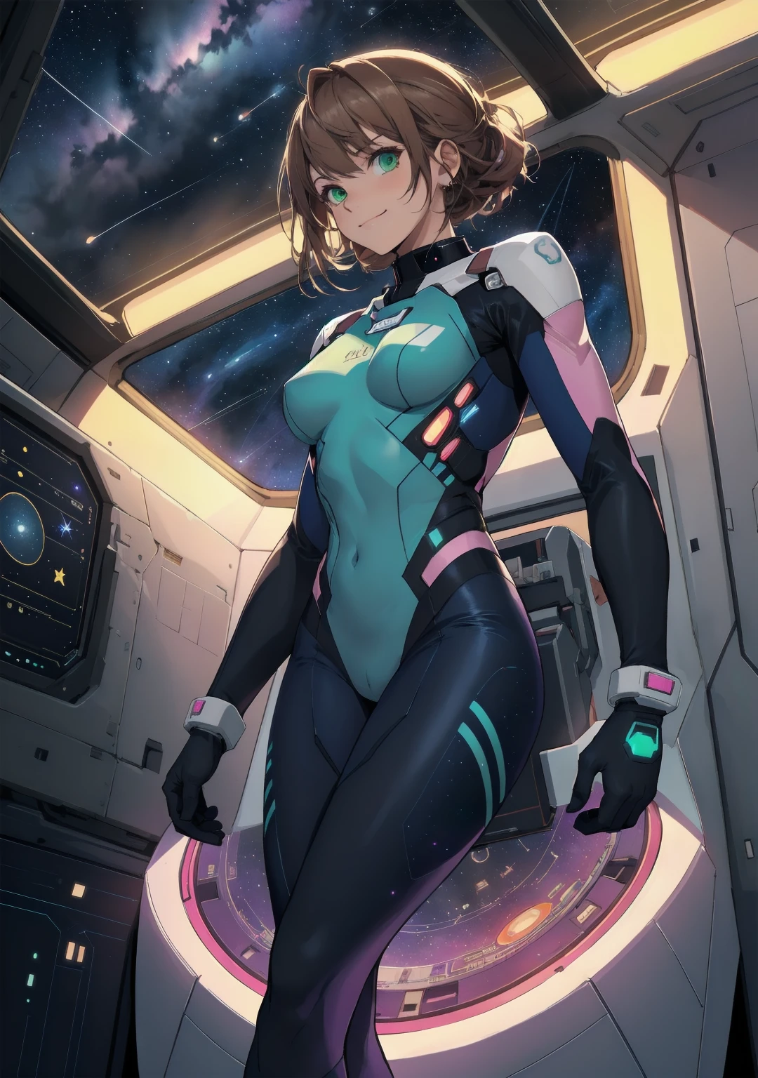 (aesthetic, best quality, masterpiece), 1girl, female focus, solo, large breasts, closed mouth, small smile, green eyes, auburn hair, zerosuit, tight, pink and white bodysuit, vivid colors, holographic interface, spaceship, space, futuristic, datapad, full body, cockpit, watercolor illustration, perfect hands, bright starship interior, highly detailed eyes, (orbital view:1.3), (night, starry sky:1.5), milky way, perky breasts, upturned breasts