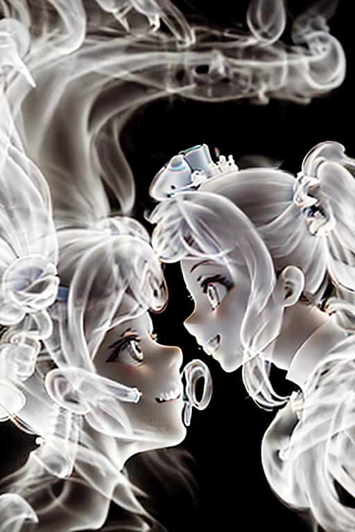 A realistic depiction of a happy couplw and formed by candle smoke with the female image avoiding the kiss from the male image.The lovers emerge above the candle amidst the smoke highly accurate and lifoliko arith o dark andcontractina