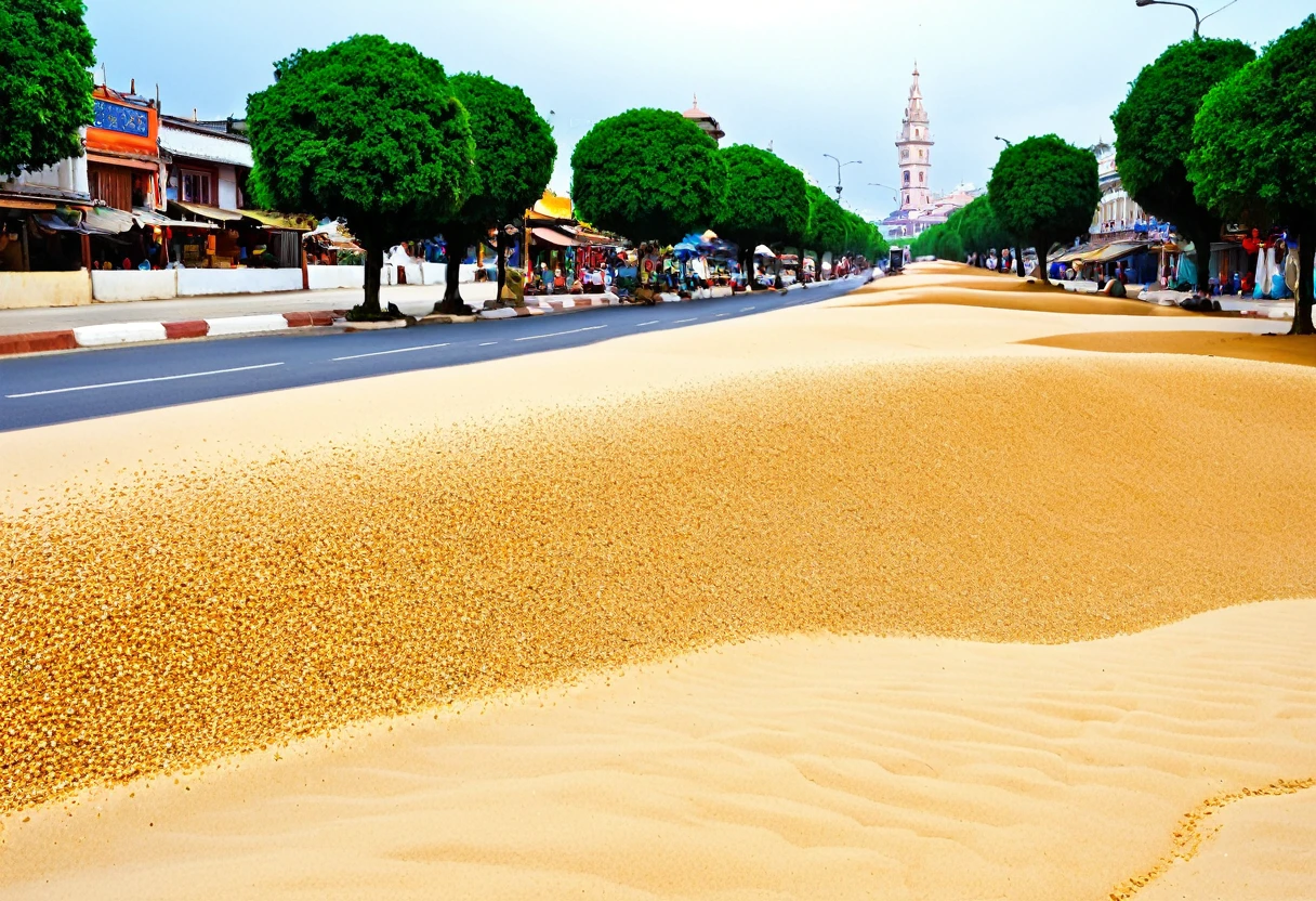 market,noon,City,There is a little bit of sand,road