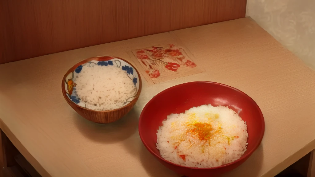There are many bowls of rice on the table., Inspired by Masamitsu Ota, Mukbang, Inspired by Nagaharu Miyagawa, Inspired by Tanyu Kano, inspired by Kōno Michisei, Inspired by Toshihide Nishida, Anime Food, Works inspired by Gusukukuma Seiho