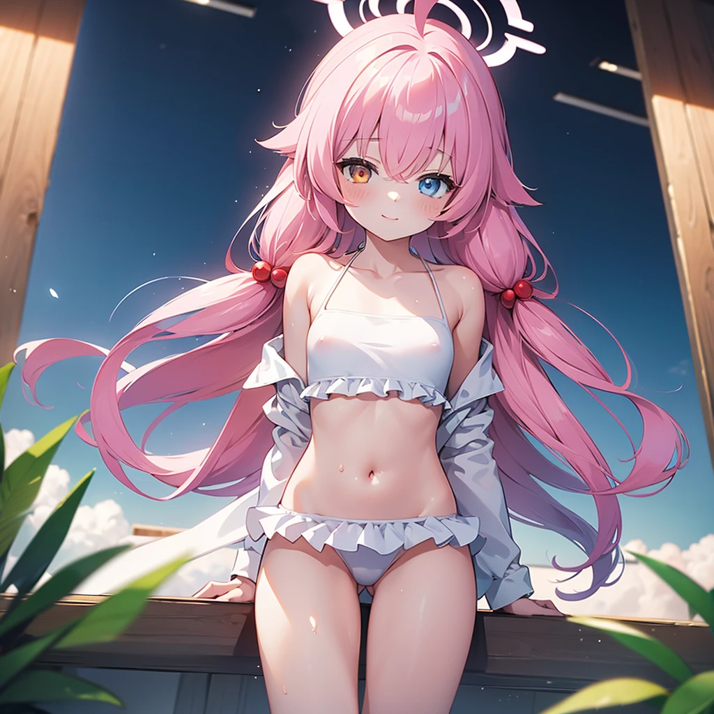 ((masterpiece)), ((Best Quality)), (Ultra-detailed), Anime style, Cute , 1girl in, Solo, 8k , young girl , flat chest , shy girl , swimsuit , sexy body