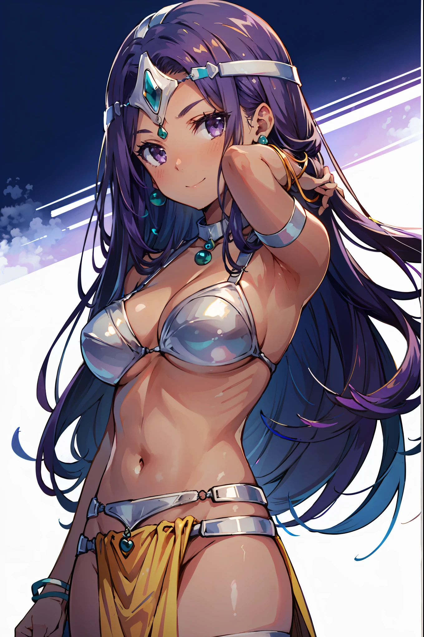 1girl, solo, dqManya, white background, cowboy shot, purple hair, bikini, loincloth, large breasts, cleavage, soft stomach, circlet, earrings, choker, bracelet, armlet, closed mouth, smile, blush