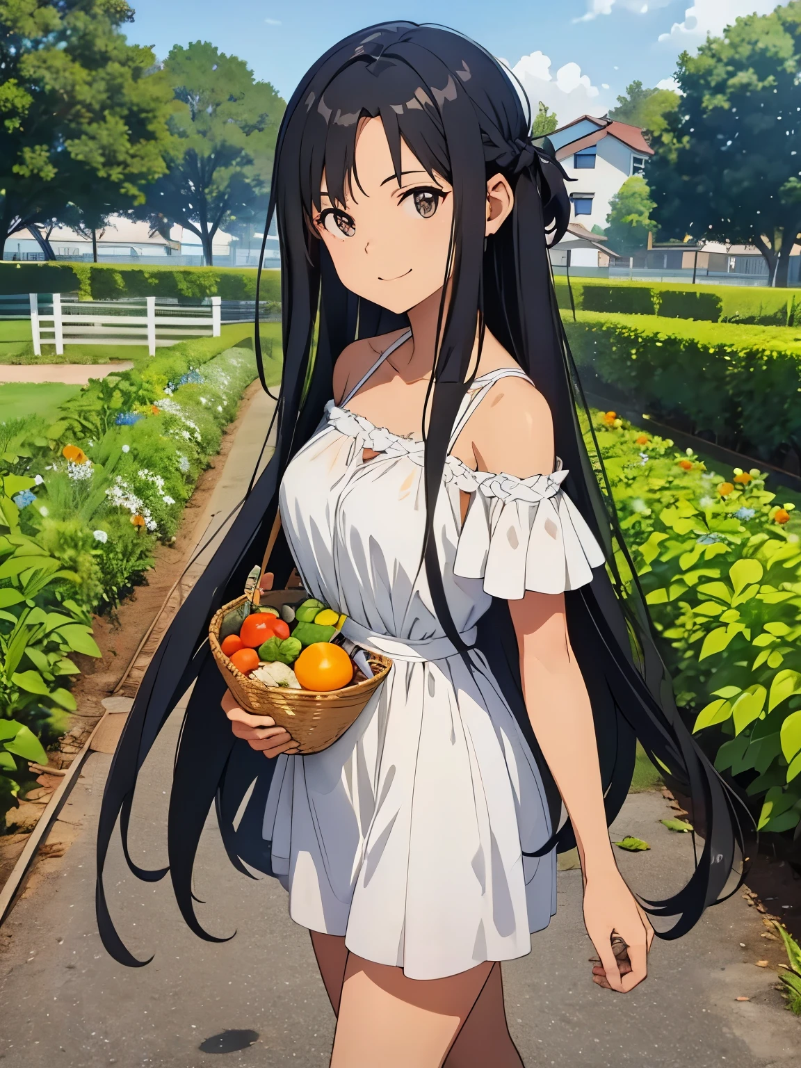 Shoulder-length hair Black Hair home garden Have vegetables Anime Style smile Farms in the background Summery outfit