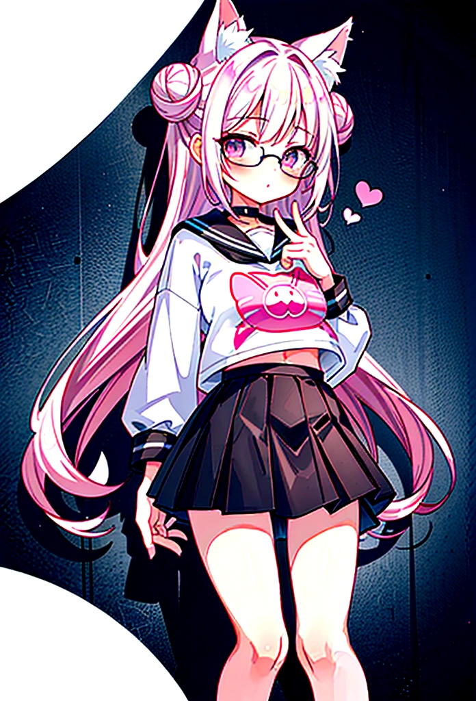 I have white pink hair, cat ears, a bun, my face is super blushing, black glasses, pink heart eyes, a big pink sweatshirt, a black skirt, black stockings, white shoes, a cat's tail, a girl. very shy that she is glued to a wall with her butt