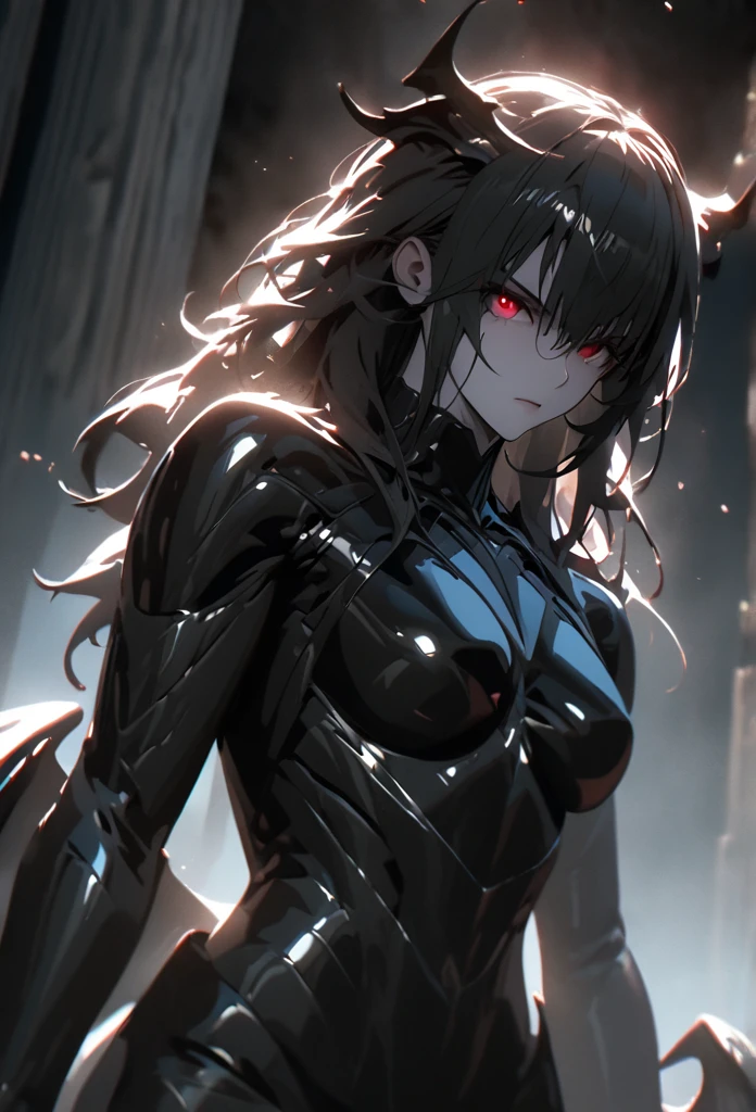 (solo), black hair, messy hair, mane hair, long hair, dense hair, wild hair, expressive hair, mature,(25 year old), pale skin, red eyes, ((woman)), wearing black armor, black dragon horns,, black helmet, serious, black wings, beautiful, attractive, eye reflection, depth of field, thunder aura,cinematic lighting, ray tracing, depth of field, cinematic lighting, ray tracing, UHD, high details, best quality, highres, high quality, award winning, super detail, masterpiece, 8k, UHD, high details, best quality, highres, high quality, award winning, super detail, masterpiece, 8k, digital art, anime coloring, full body, body shot, good face, perfect face, detailed face, good eyes, sitting on a throne