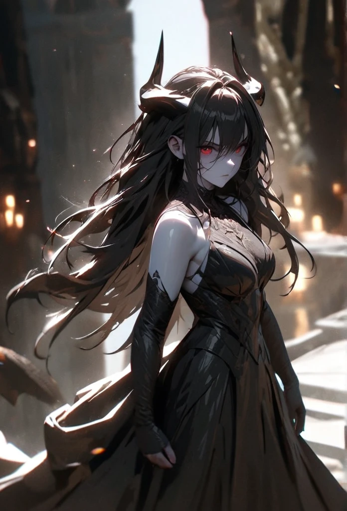 (solo), black hair, messy hair, mane hair, long hair, dense hair, wild hair, expressive hair, mature,(25 year old), pale skin, red eyes, ((woman)), wearing black armor, black dragon horns,, black helmet, serious, black wings, beautiful, attractive, eye reflection, depth of field, thunder aura,cinematic lighting, ray tracing, depth of field, cinematic lighting, ray tracing, UHD, high details, best quality, highres, high quality, award winning, super detail, masterpiece, 8k, UHD, high details, best quality, highres, high quality, award winning, super detail, masterpiece, 8k, digital art, anime coloring, full body, body shot, good face, perfect face, detailed face, good eyes, sitting on a throne